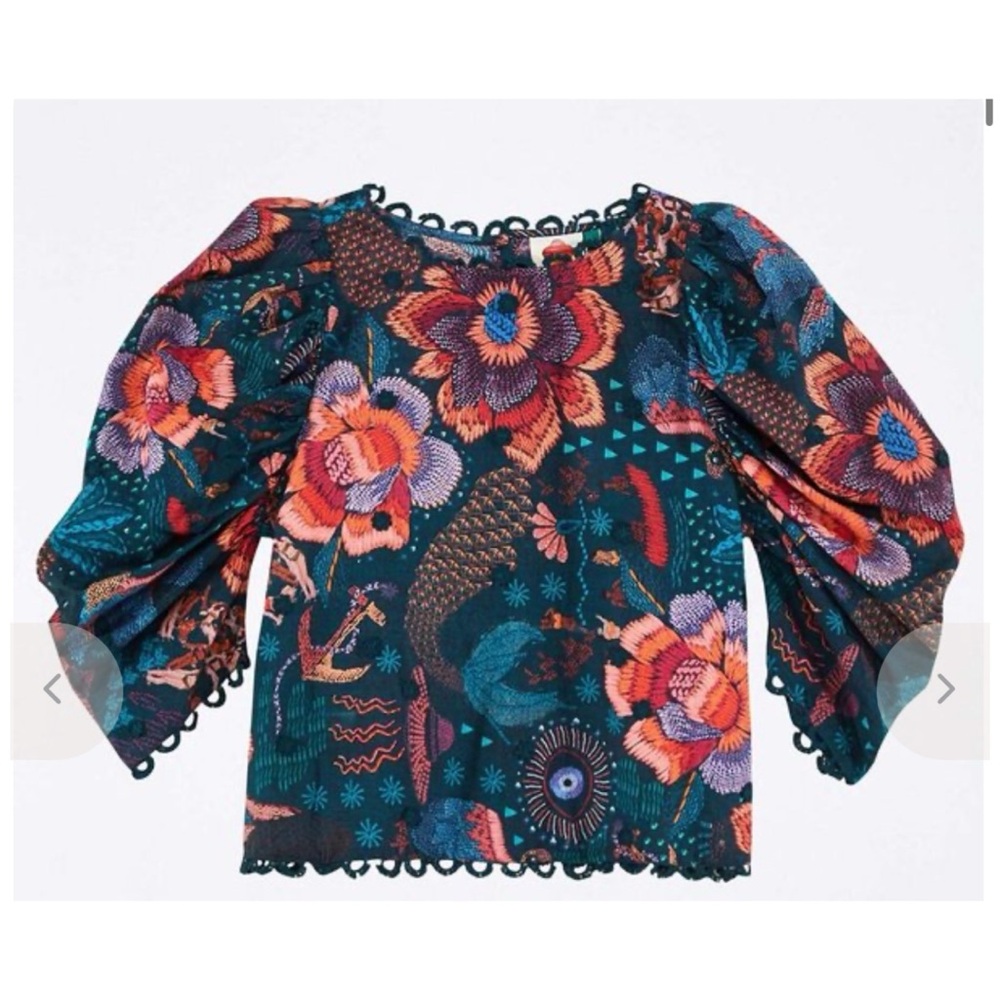 FARM RIO TEAL CREATURES RUCHED SHORT  SLEEVED BUTTON UP MULTI COLORED BLOUSE SML